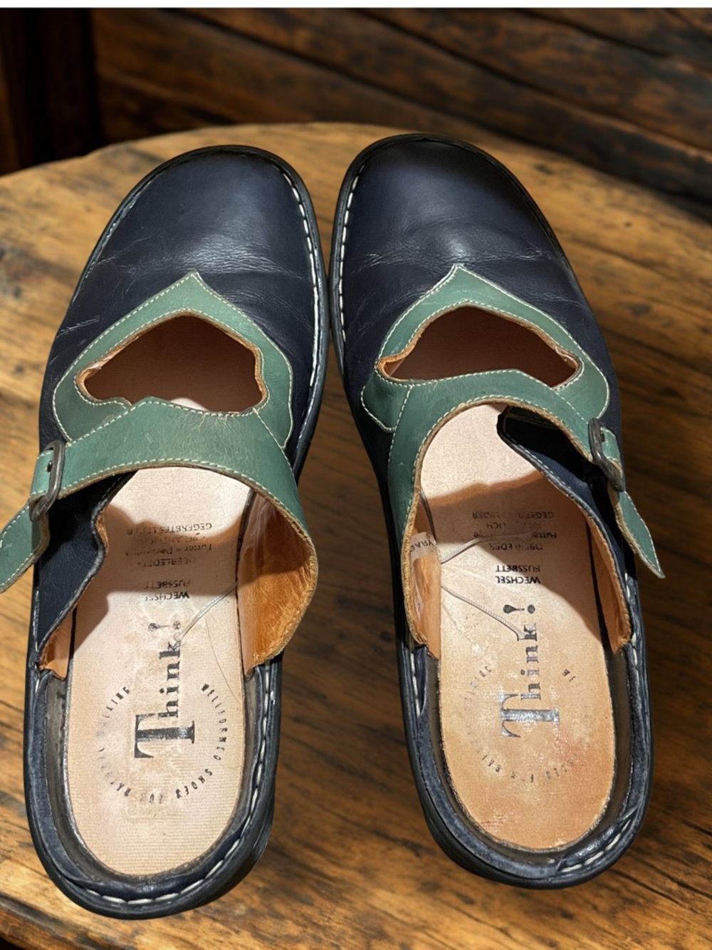 THINK! Women's Blue Green Leather Heart Cutout Mules Clogs EU 42 US 11 Wide VTG - Picture 5 of 9
